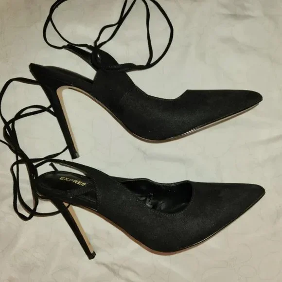 Express Black Suede Lace-Up Ankle Tie Stiletto Heels Pumps Size 8 - Picture 2 of 7